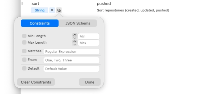 Request variables with JSON Schema constraints in RapidAPI for Mac HTTP Client